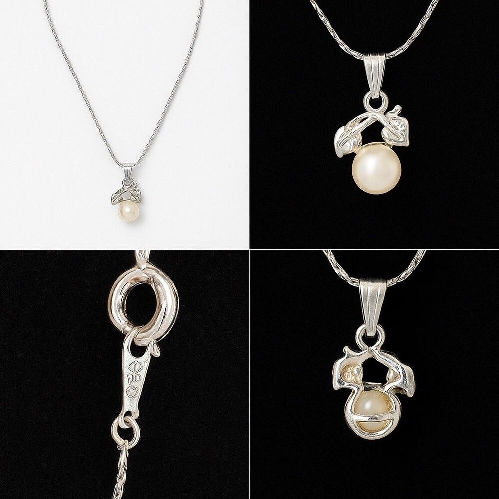 Sterling Silver 925 Pearl Necklace – Vintage Inspired Leaf Pendant 18”
